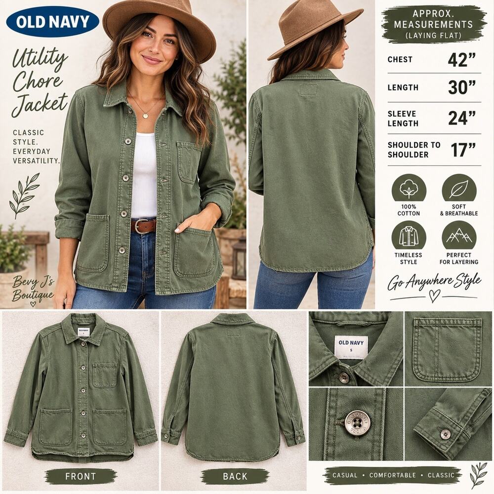 Old Navy Womens S Olive Green Utility Chore Jacket Cotton Button Front Pockets